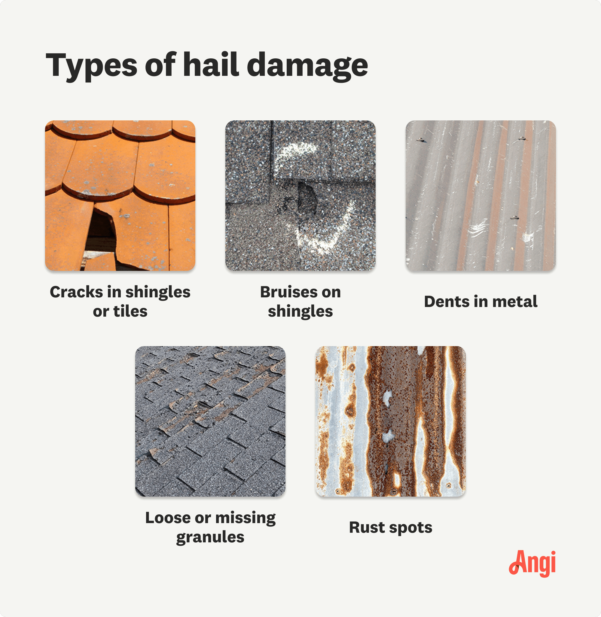 5 types of hail damage, including cracks in shingles or tiles, dents in metal, and rust spots