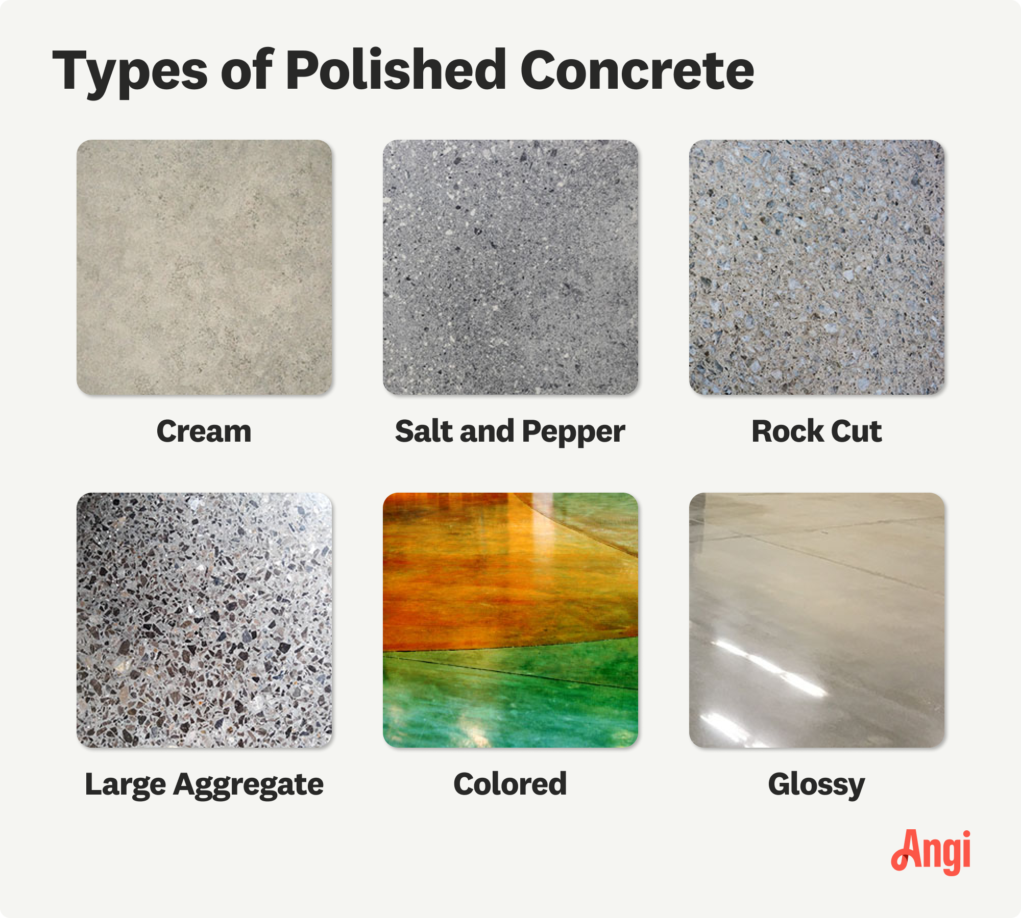 6 polished concrete types compared visually, including rock cut,  large aggregate, and glossy