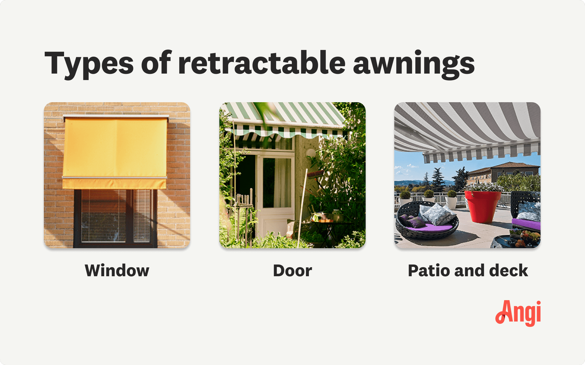 3 types of retractable awnings compared visually, including window, door, and patio or deck awnings