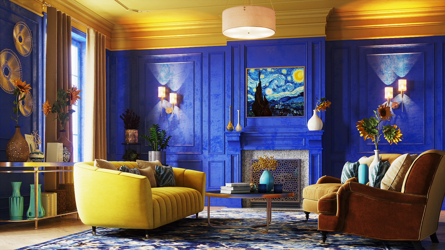 a room with bright blue walls and yellow furniture in a Van Gogh color palette