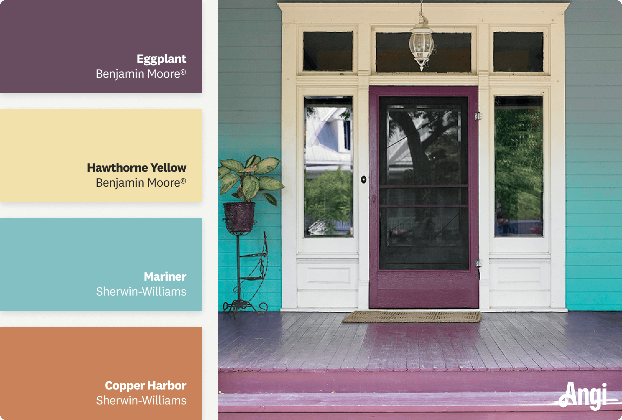 A vibrant yellow front porch of a traditional American house, including different tones of vibrant paint