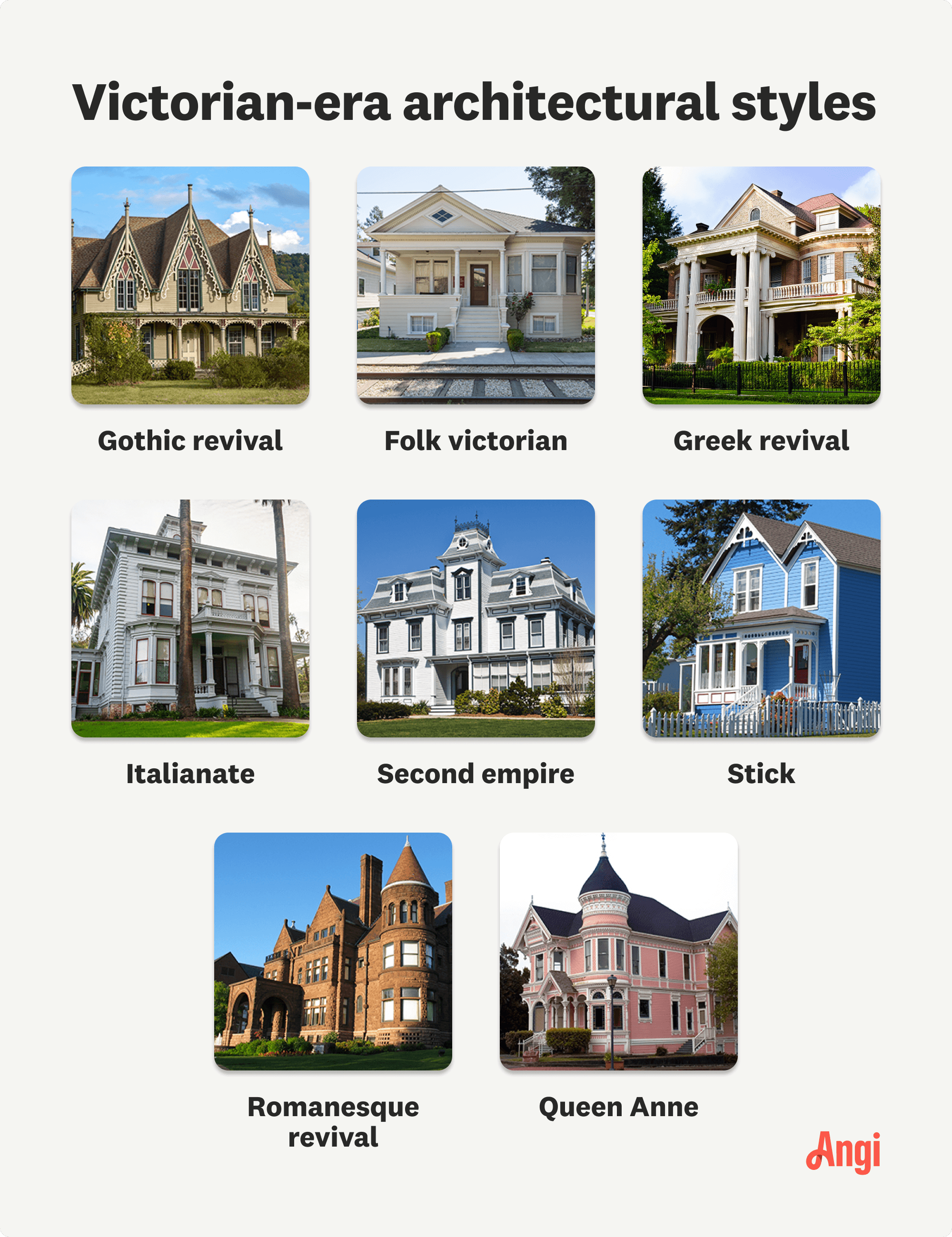 8 Victorian-era architectural styles compared visually, including gothic revival, second empire, and colonial