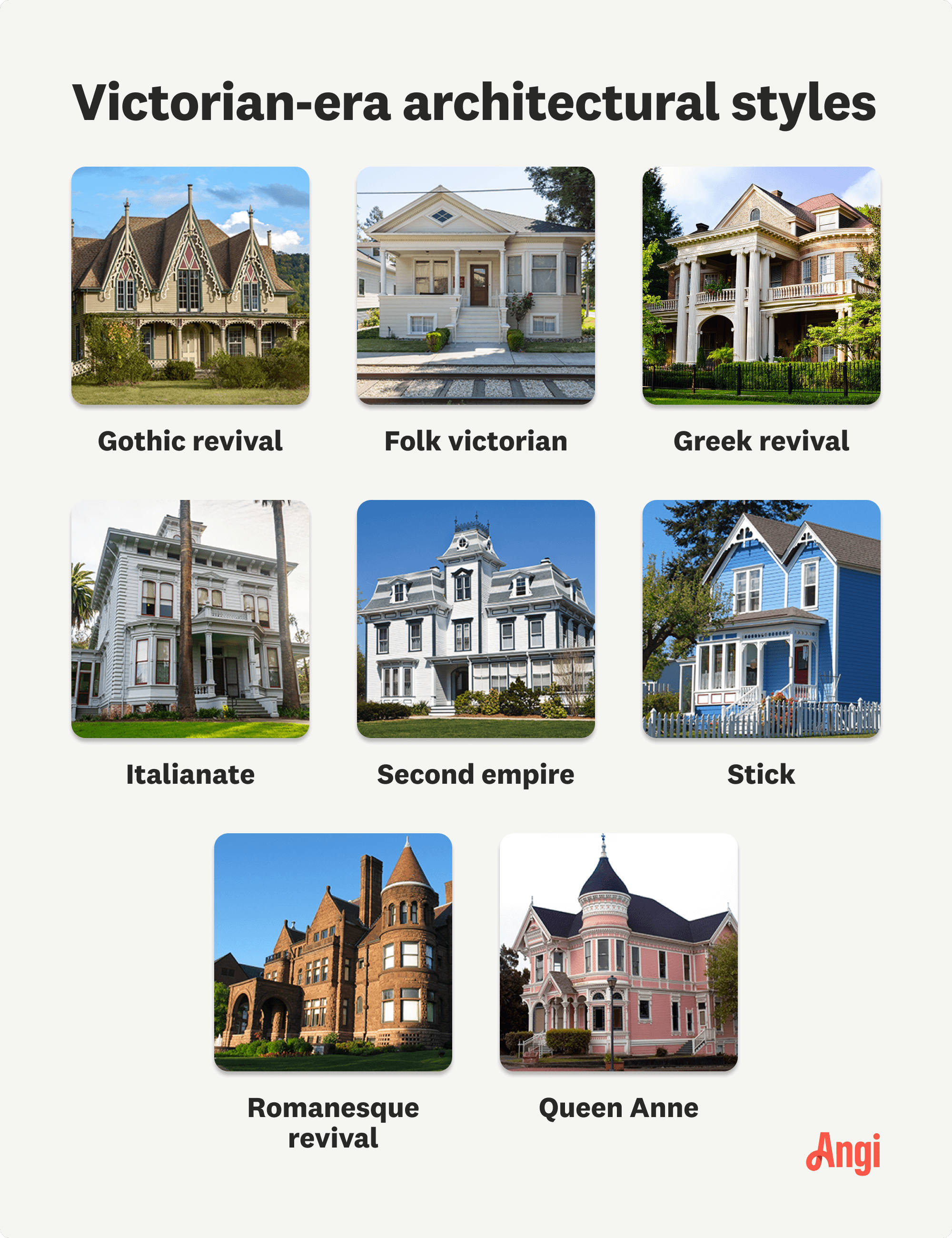  8 Victorian-era architectural styles compared visually, including gothic revival, second empire, and colonial