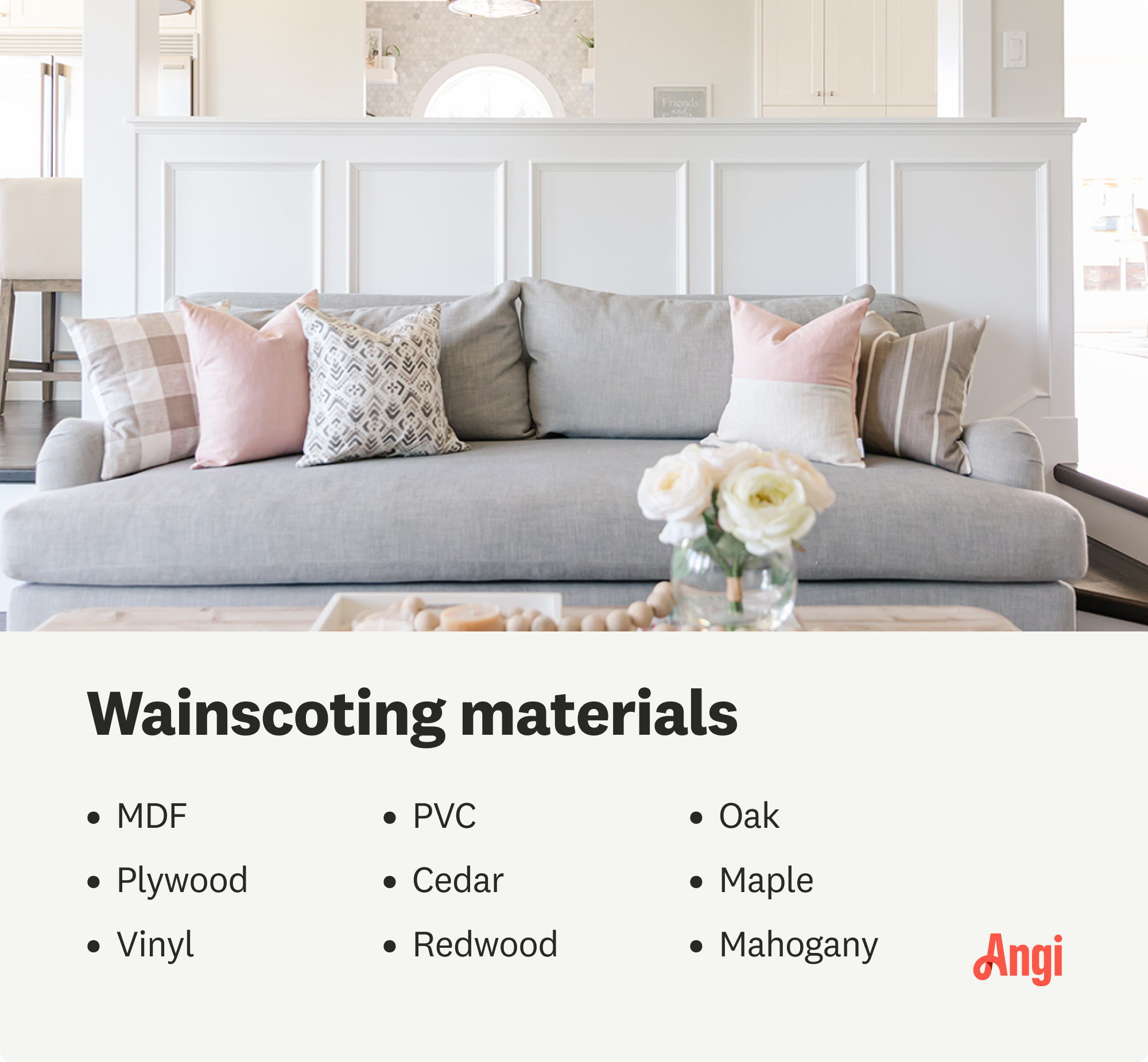 9 materials used for wainscoting, including MDF, PVC, and oak