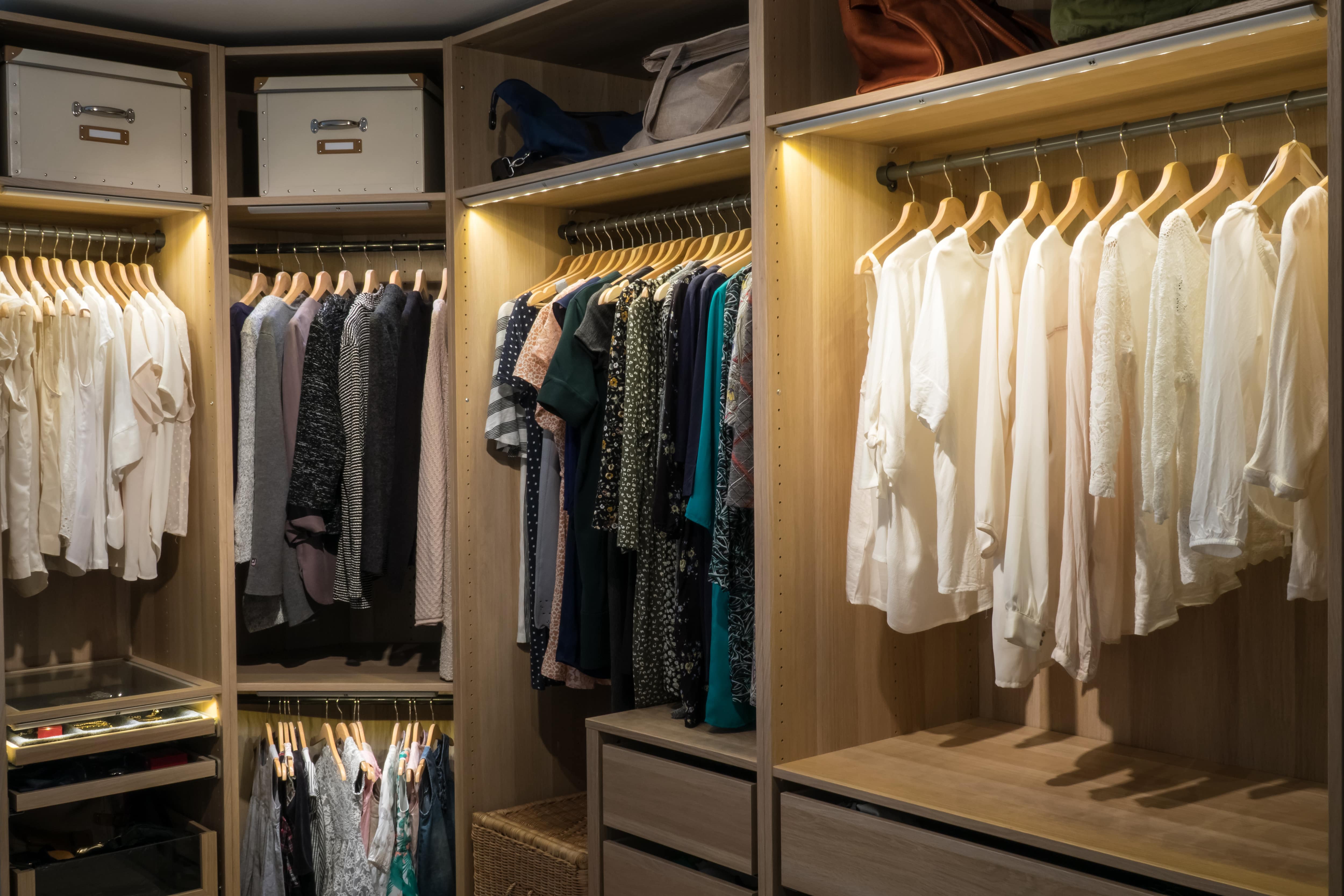 Closet shelves with built in lighting 