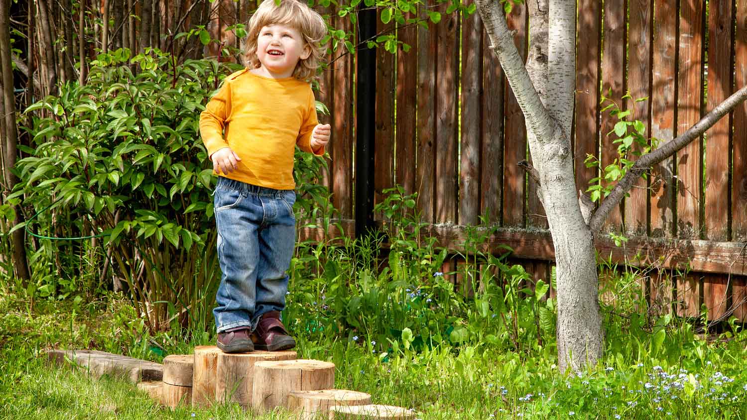 Little boy walking on tree stumps