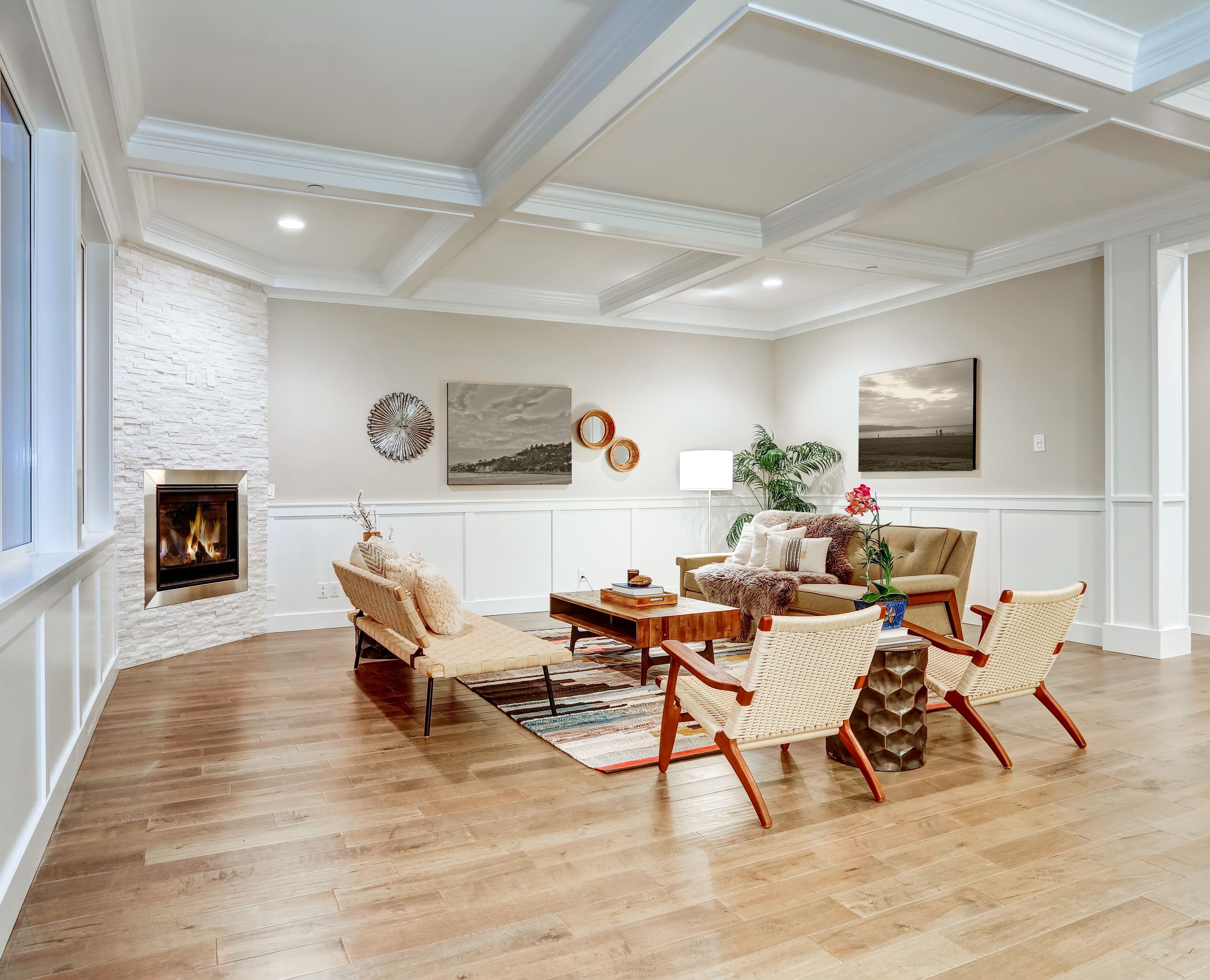 White wainscoting in large living room