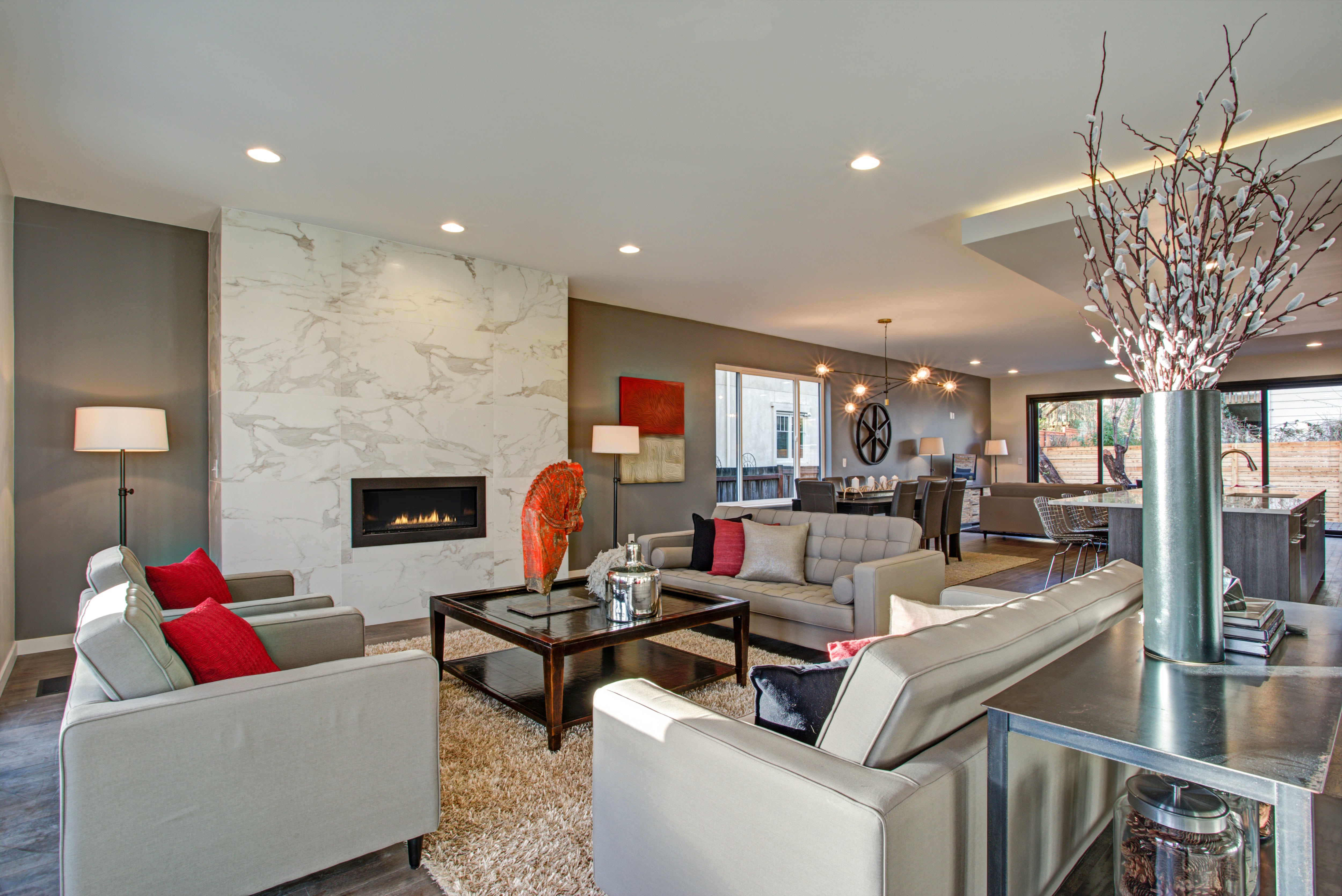 Marble fireplace accent wall in living room