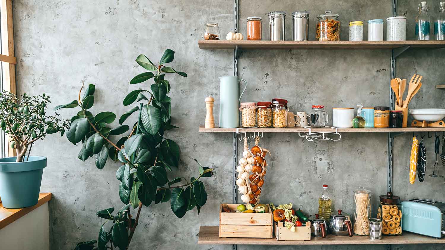 Wall mounted shelves with food and jars