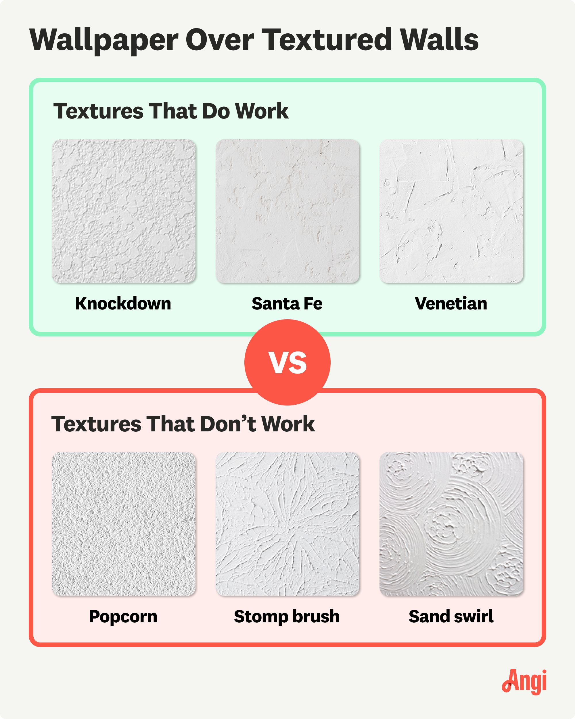 Wall textures that can be wallpapered over compared visually to examples that cannot be wallpapered over