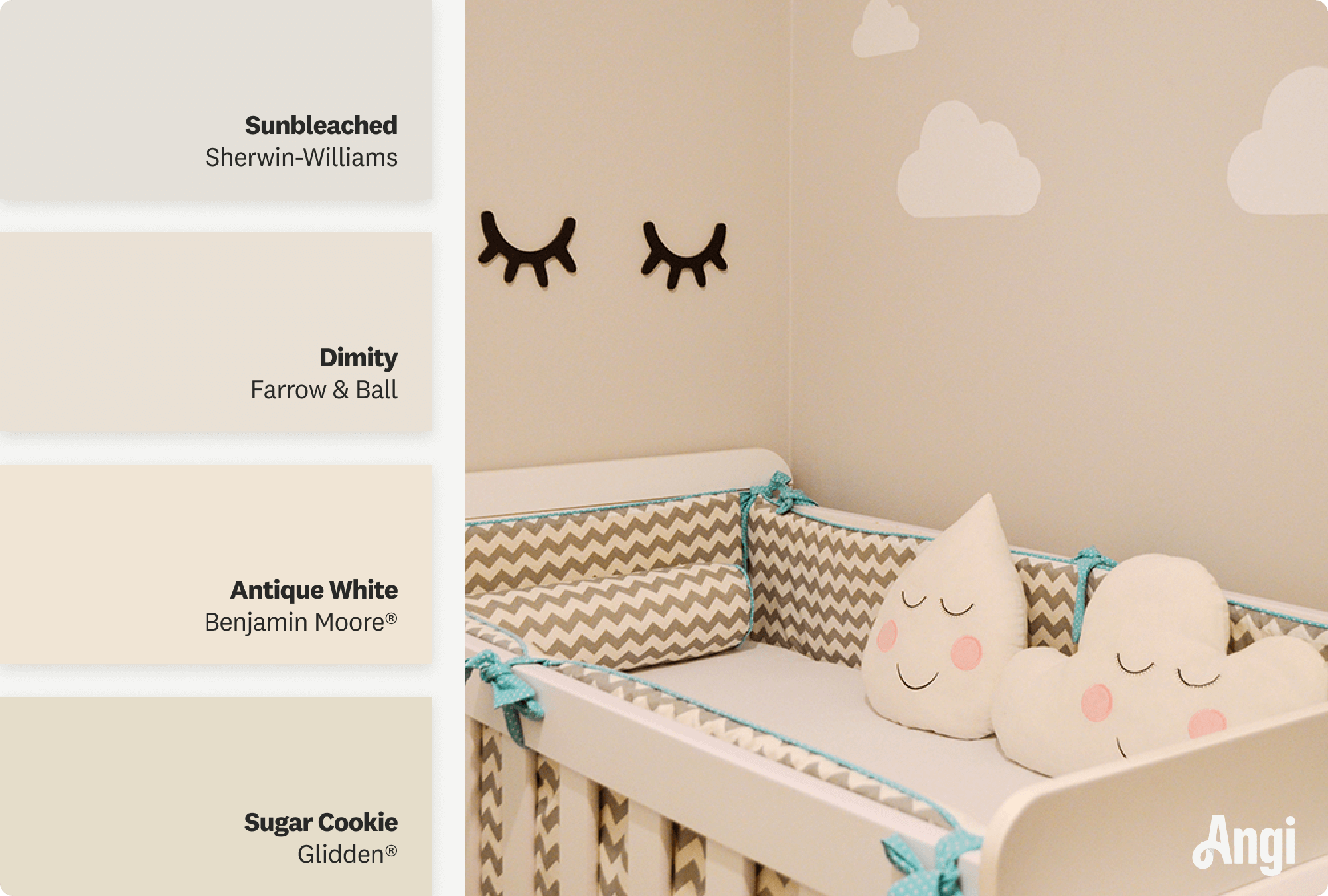 Warm ivory nursery with clouds on the wall, including different tones of warm ivory paint