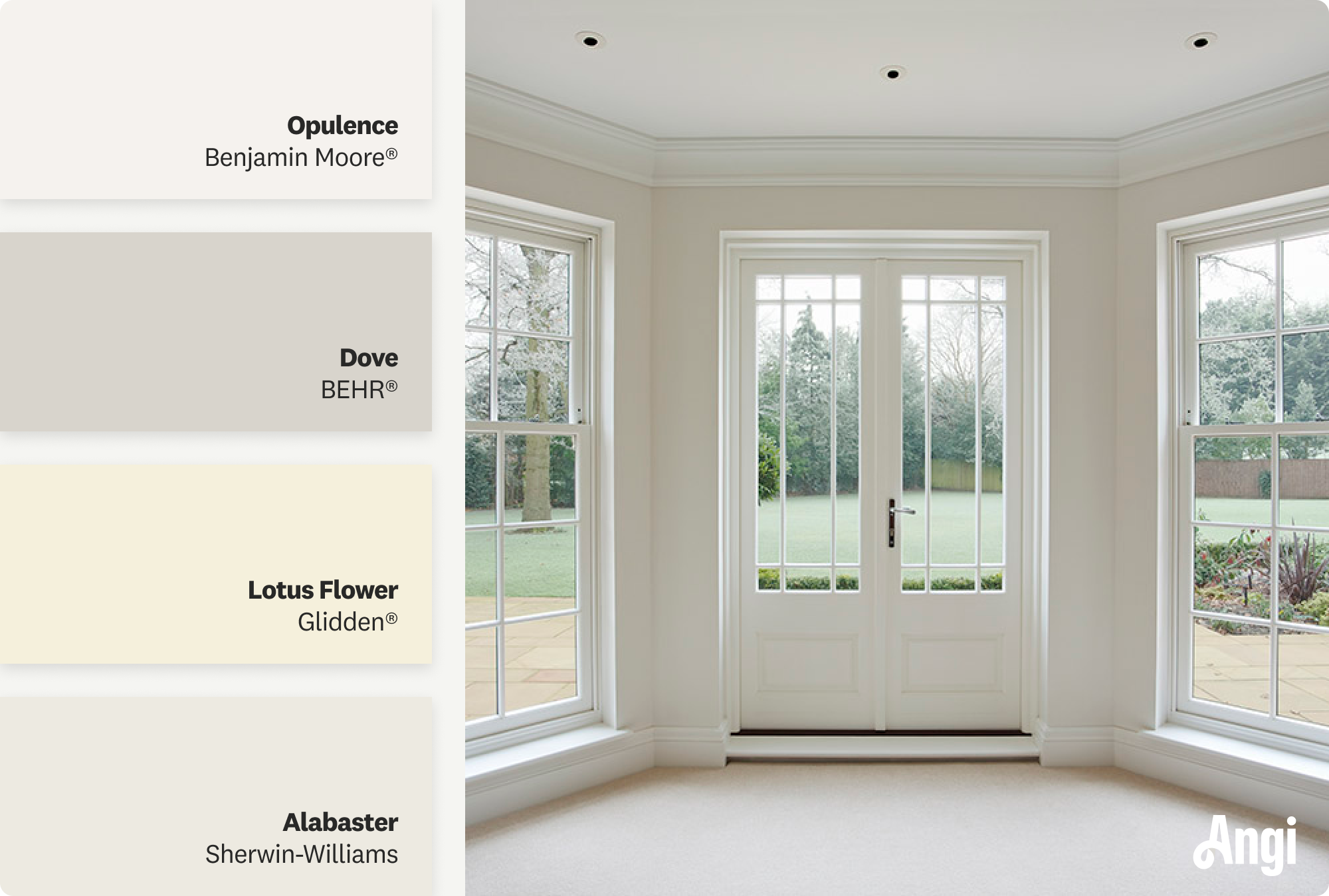 A bright room with warm white paint, featuring large bay windows, French doors, and natural light illuminating the space