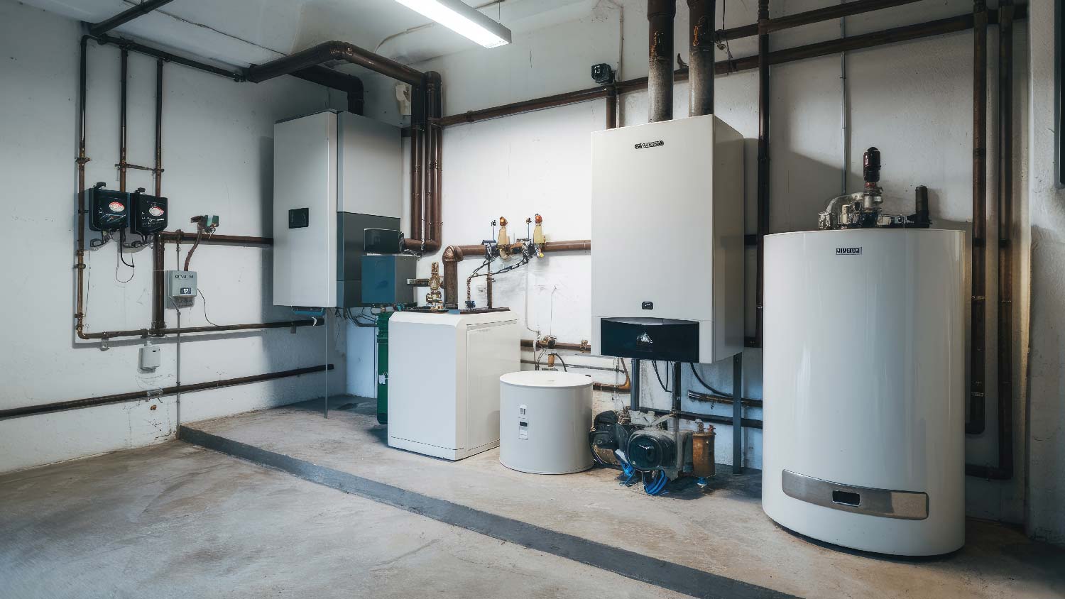 A water heater system in a house’s basement