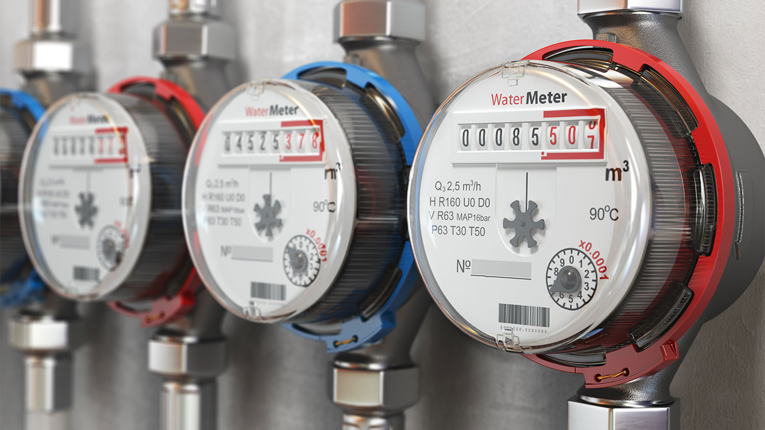 Row of water meters on wall
