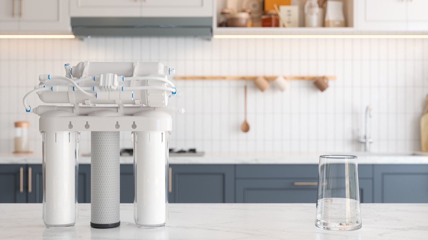 Water filters sitting on a kitchen counter