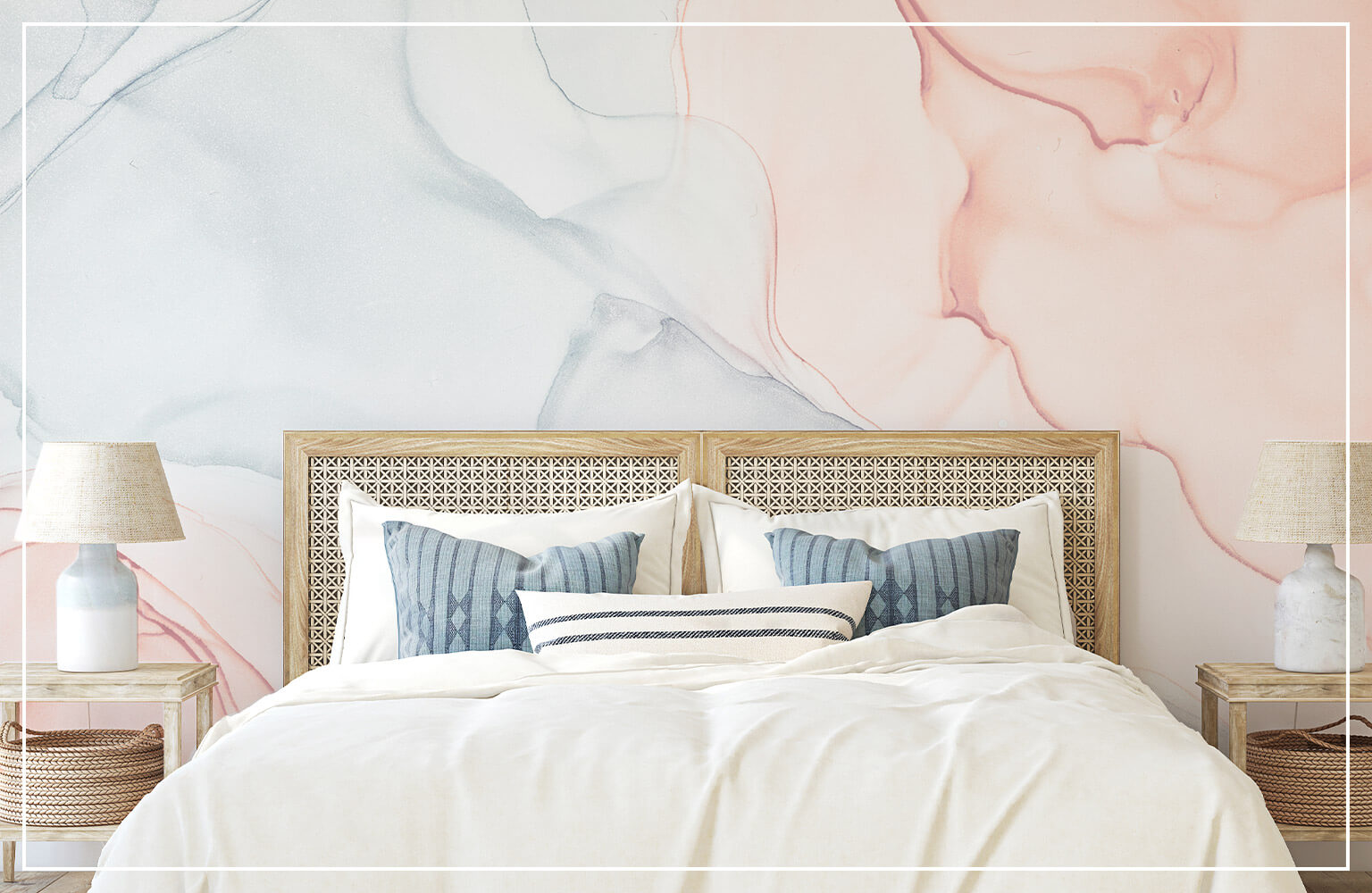 watercolor accent wall in bedroom