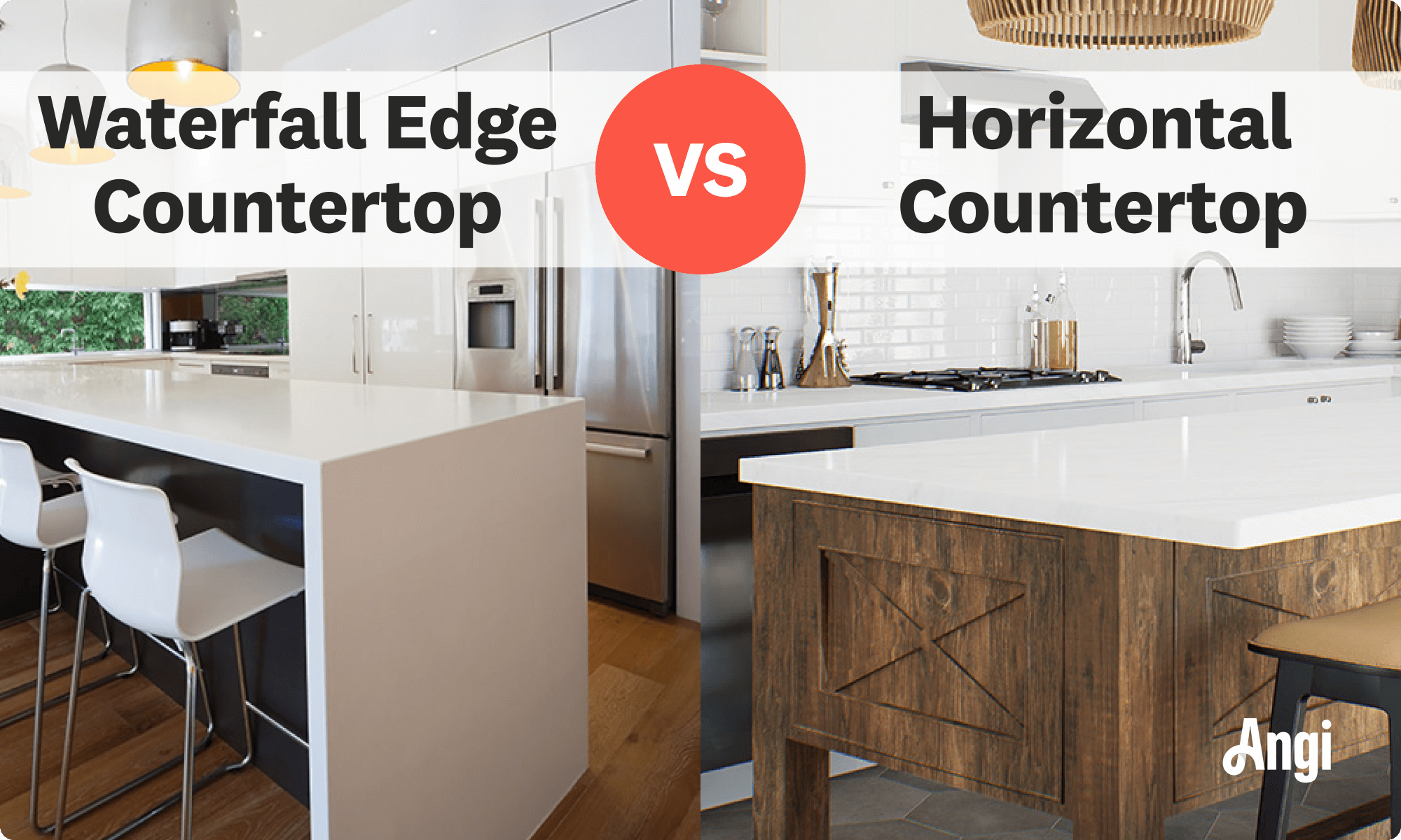 Waterfall edge versus horizontal countertop visual comparison
