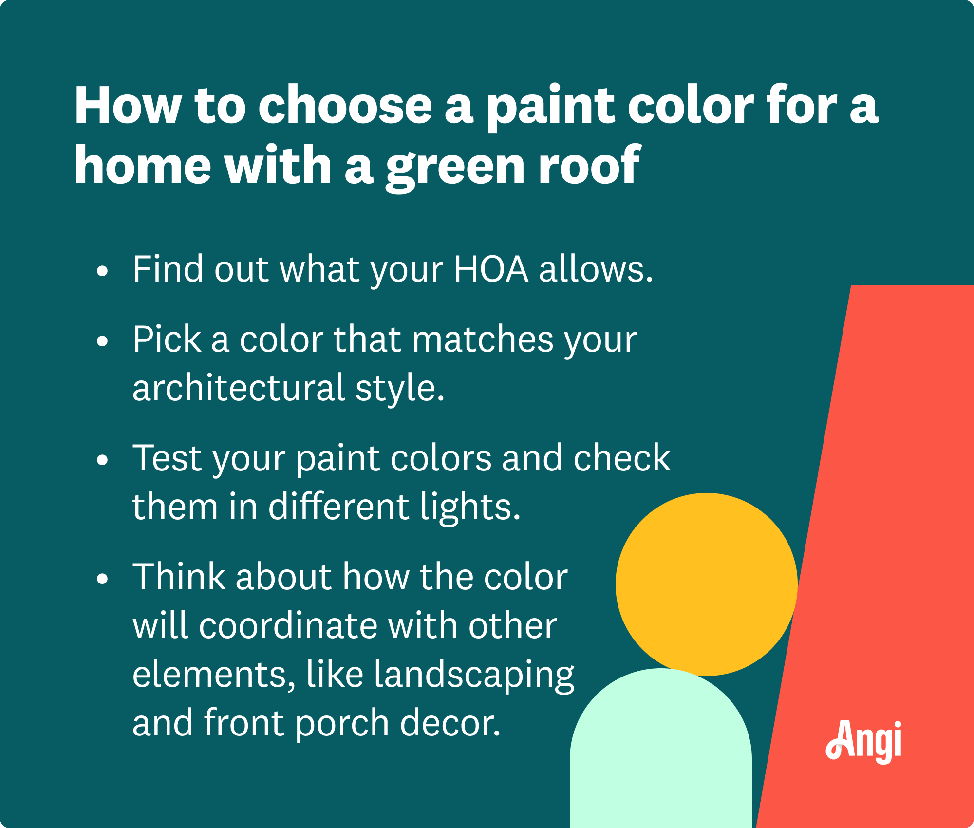 Four ways to choose the right house color for a green roof, including picking a color that matches your home’s architectural style