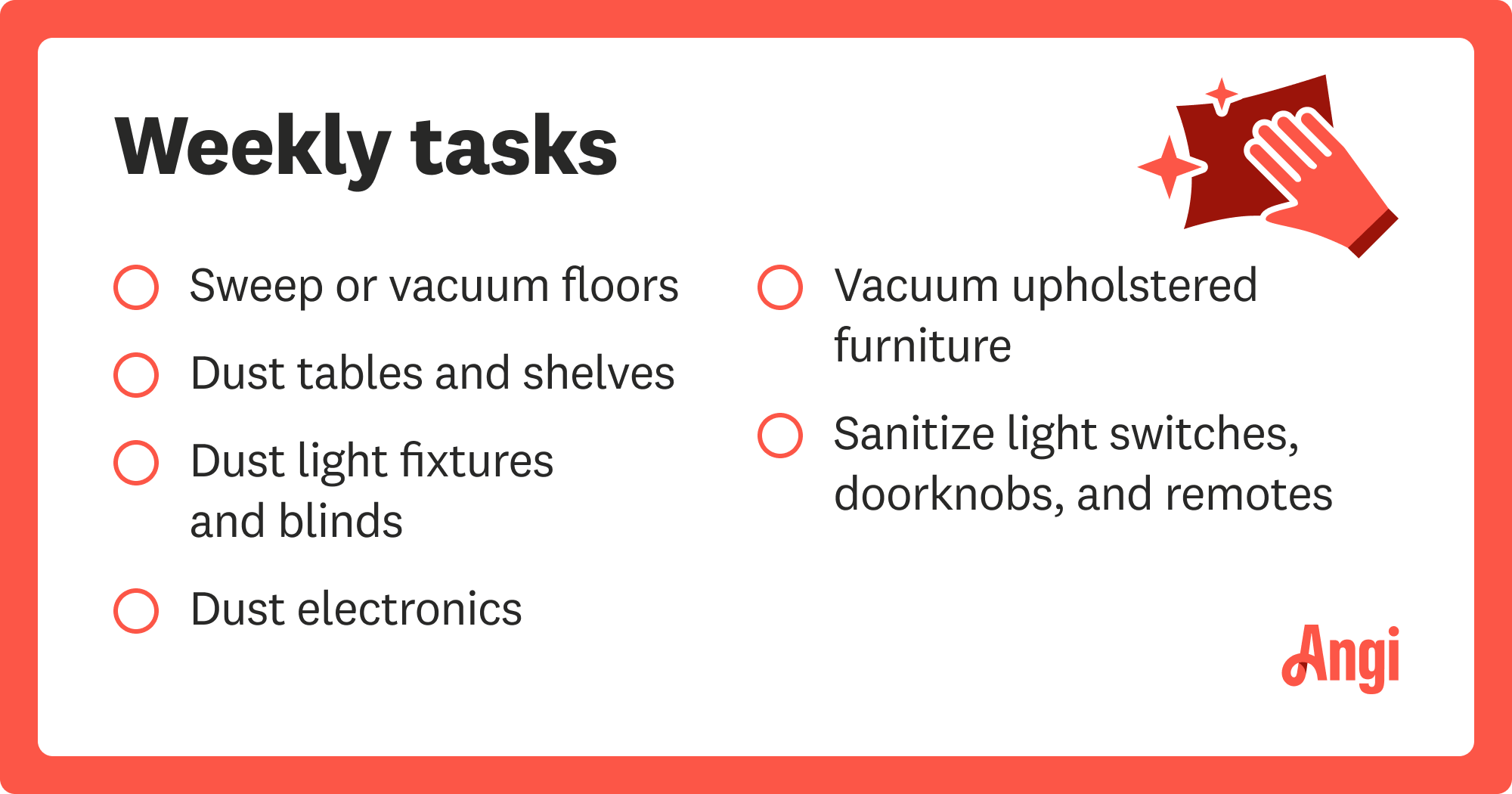 Weekly tasks cleaning checklist, including sweeping or vacuuming floors and dusting light fixtures and blinds