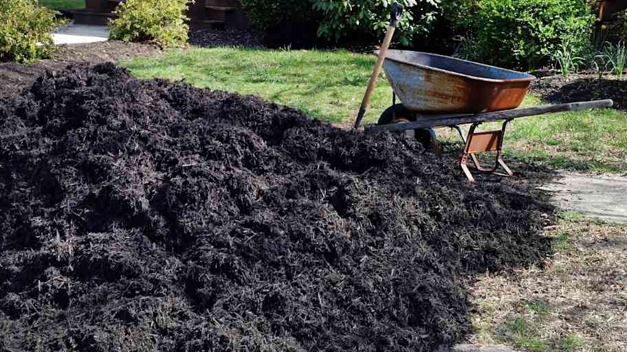 wheelbarrow next to black mulch