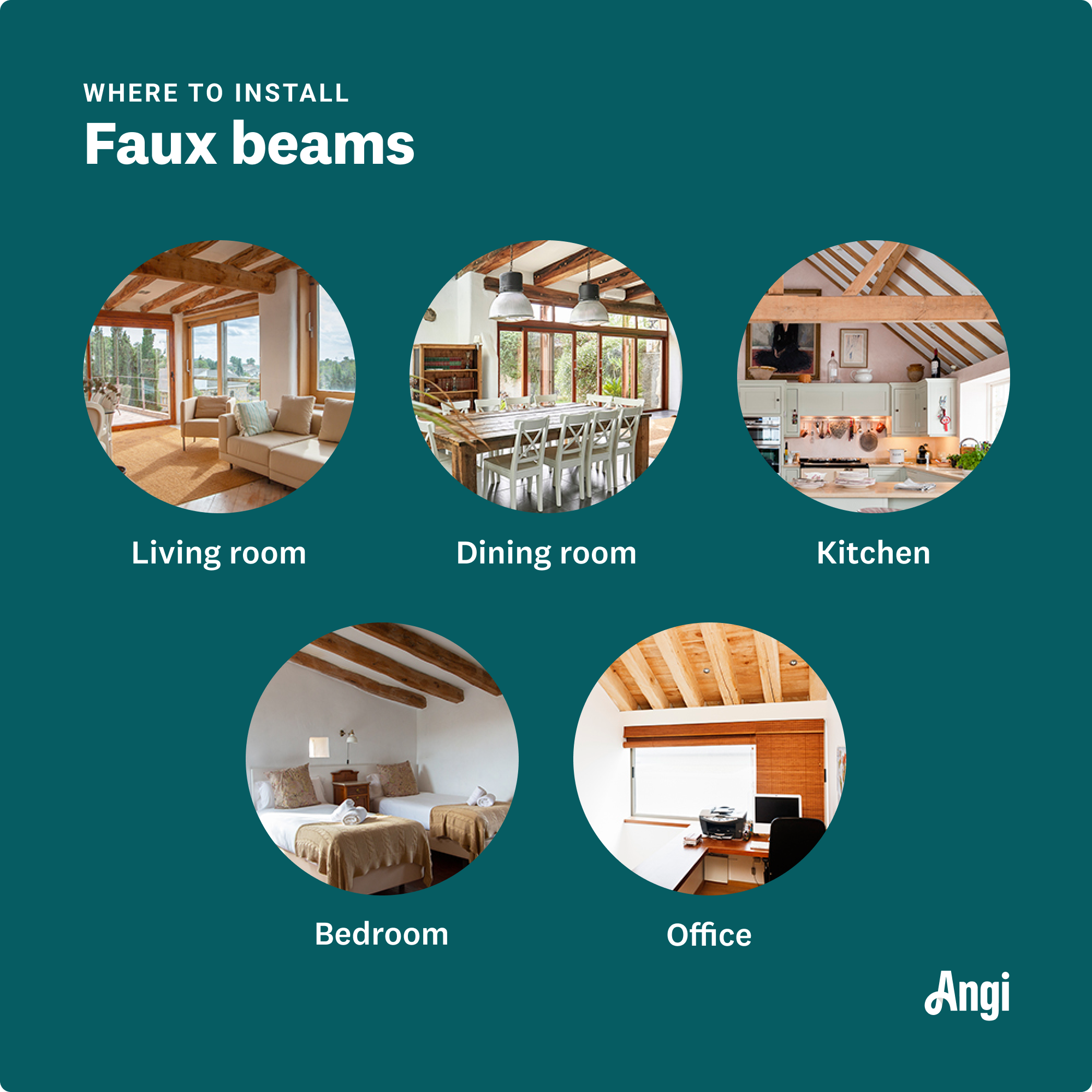 5 rooms to install faux beams, including the living room, dining room, kitchen, bedroom, and office