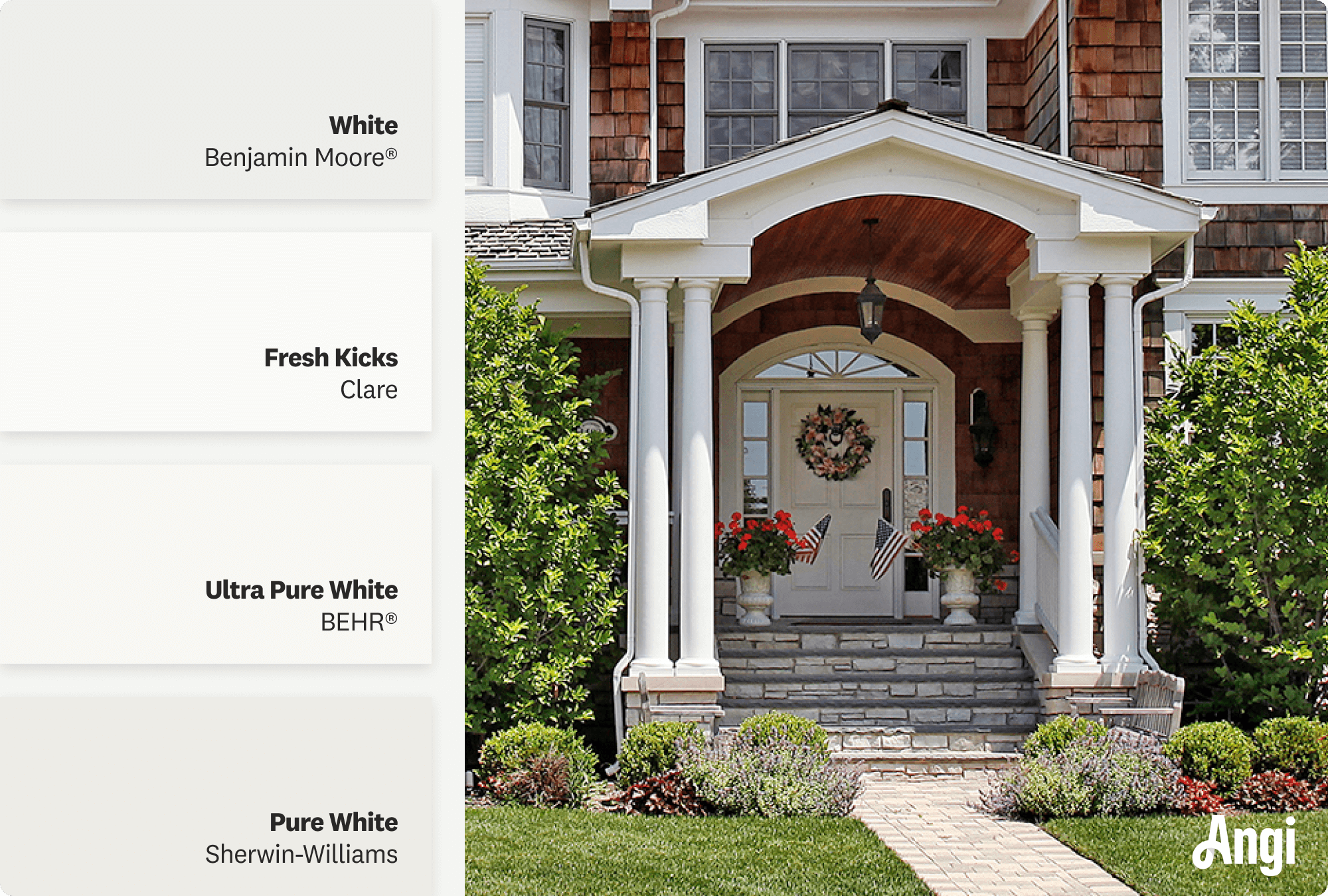 White front door of luxury home, including different tones of white paint