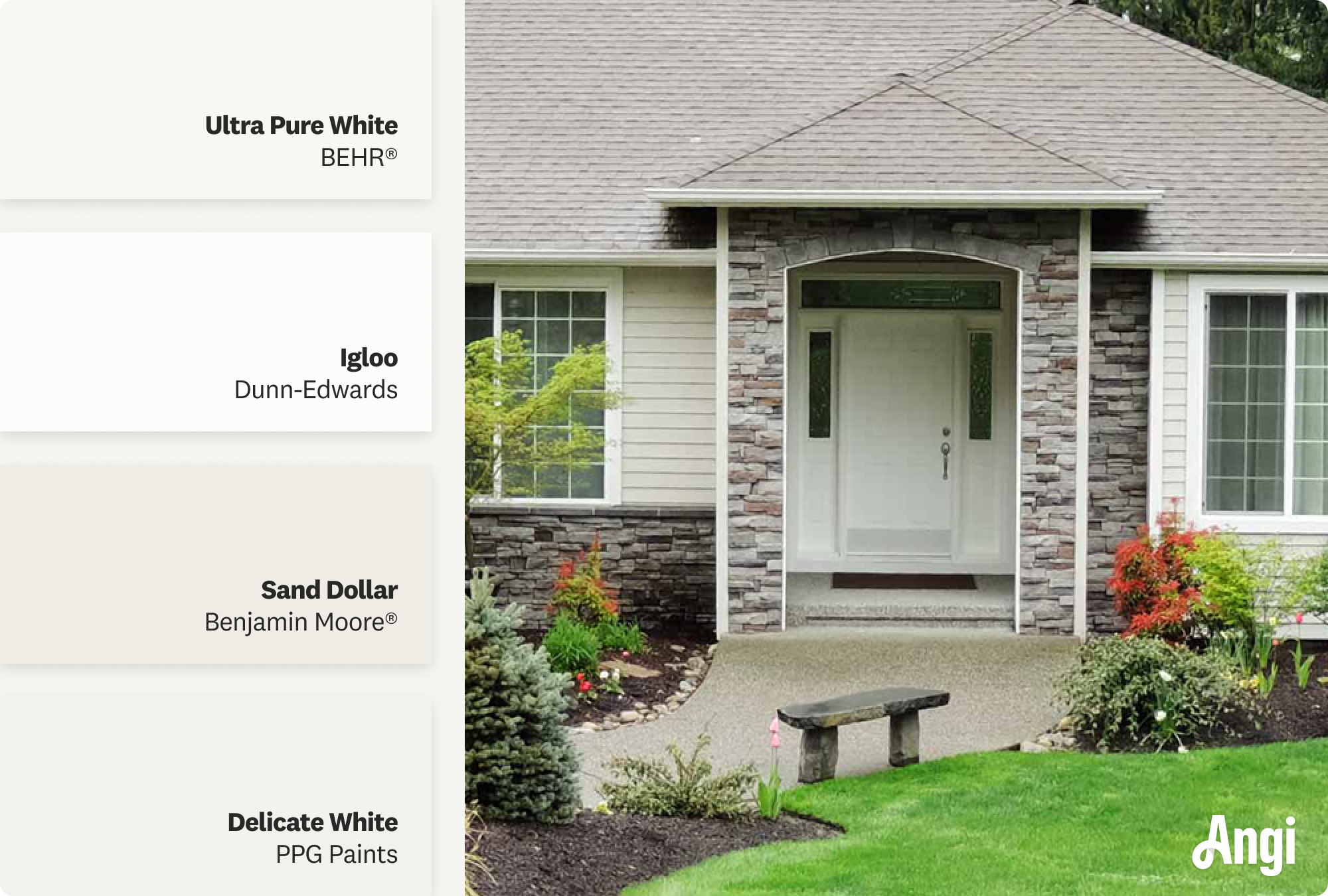 Gray brick home with white front door, including different tones of white paint