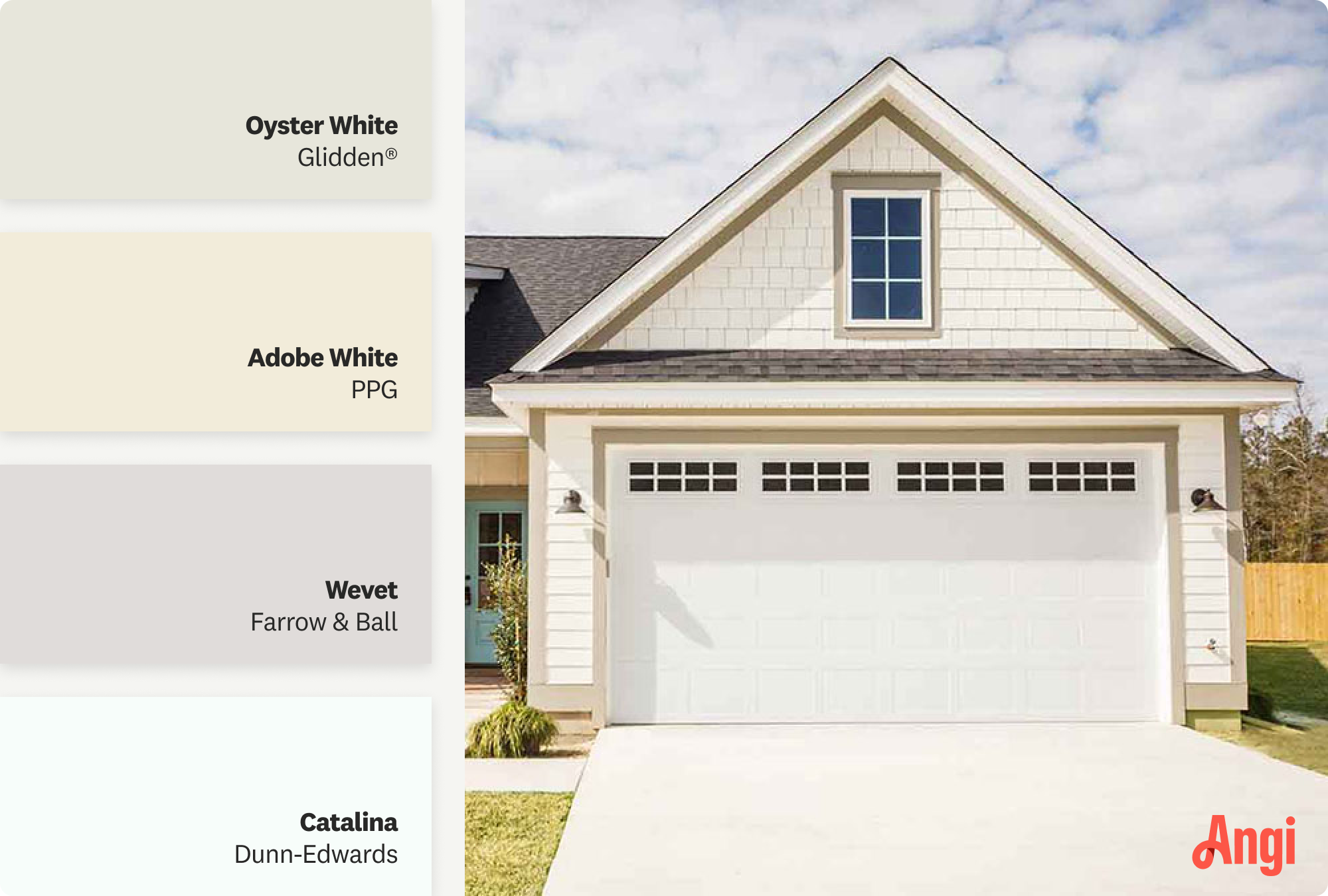 House with white garage door and white siding, including different tones of white paint