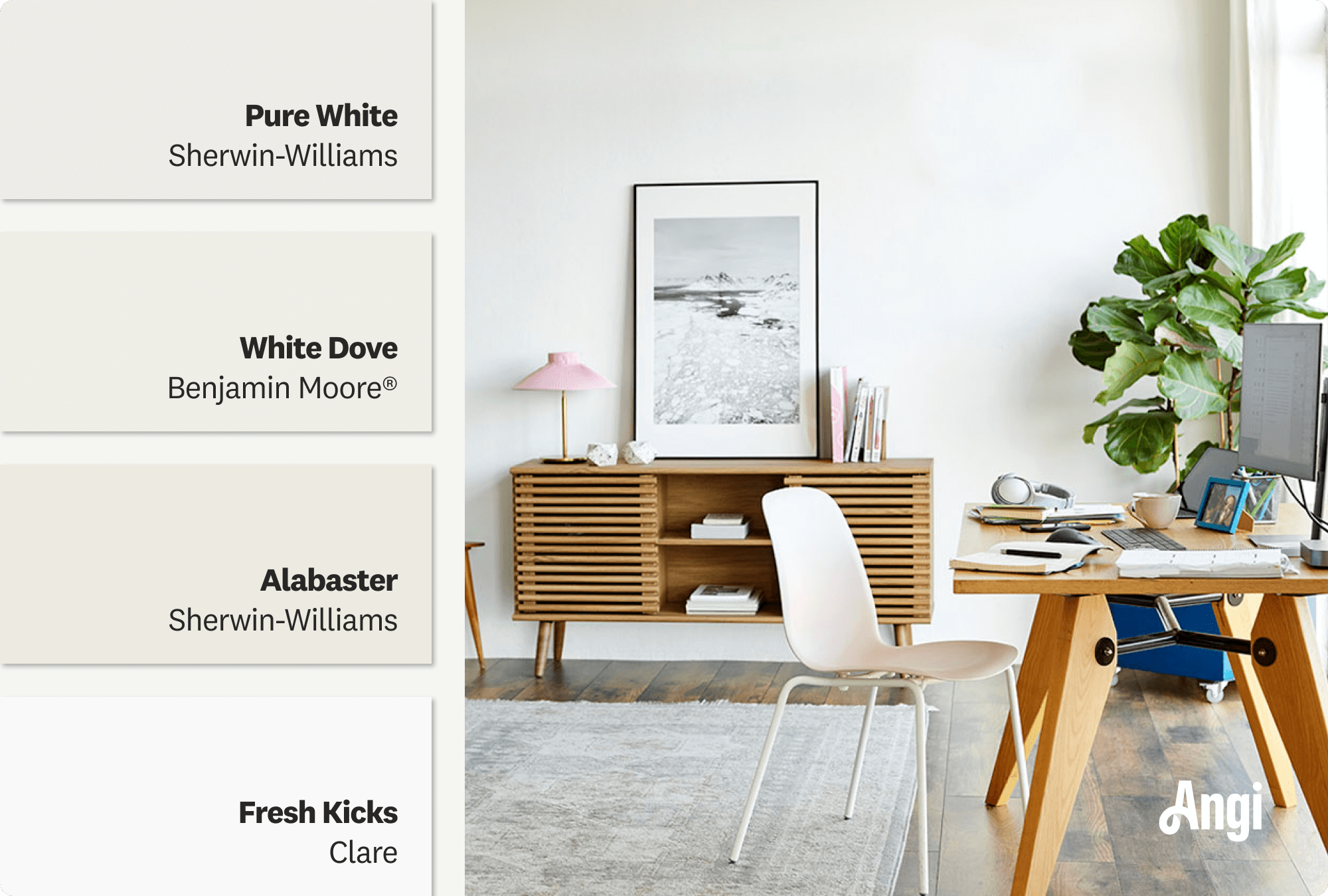 White home office and living room space with natural light, including different tones of white paint