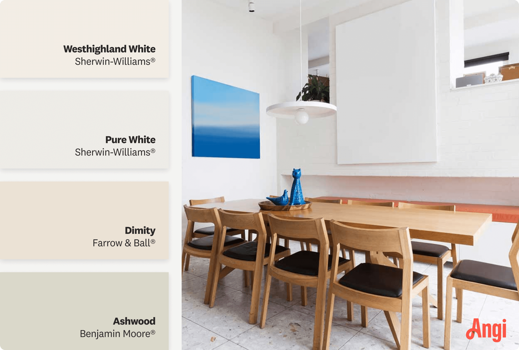 Beautiful mid-century modern dining room interior, including different tones of white paint