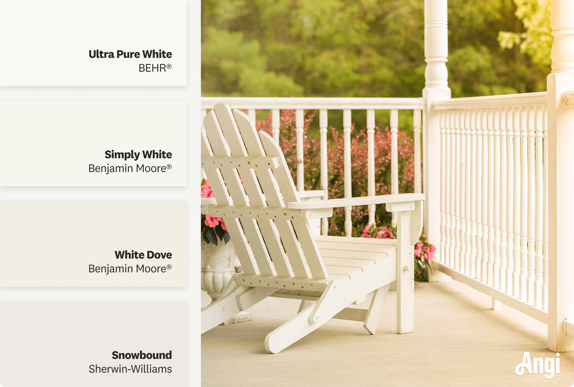 Adirondack chair on white porch, including different tones of white paint