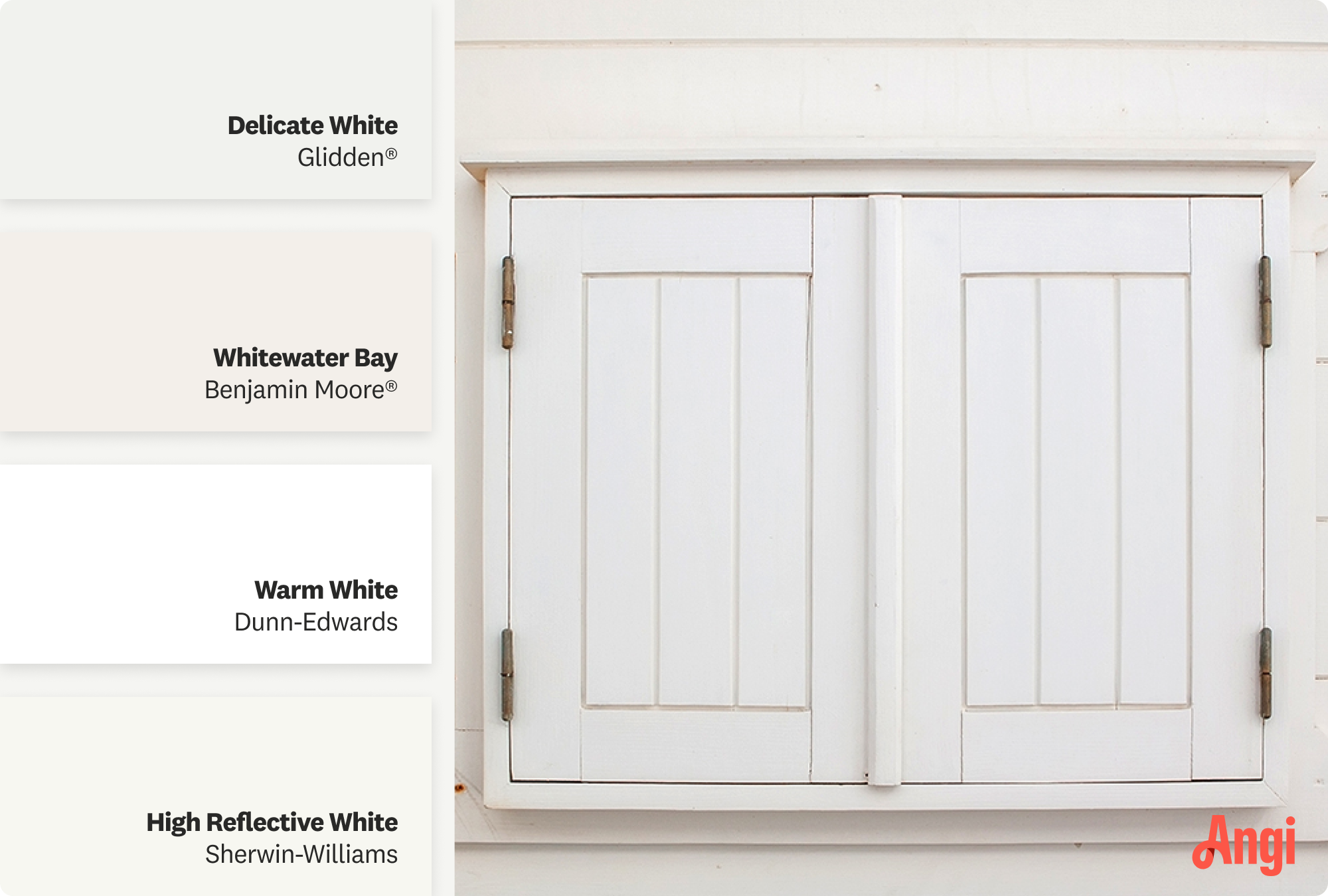 White wooden window shutters, including different tones of white paint