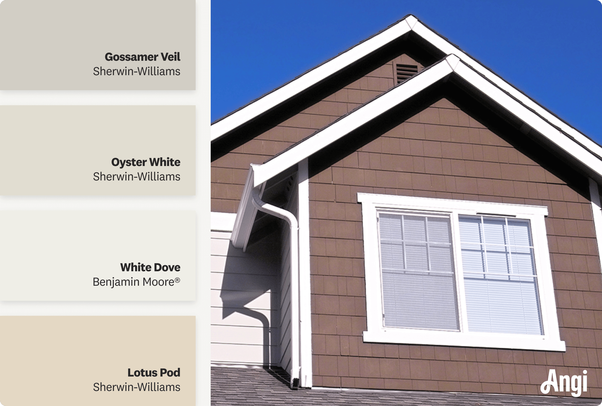 White trim on a brown house, including different tones of white paint