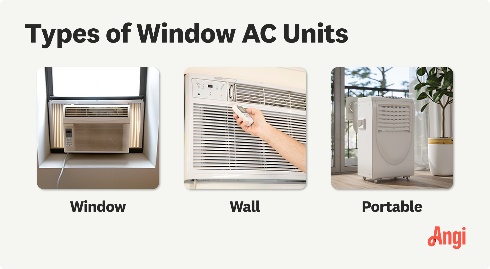 3 window AC unit types compared visually, including window, wall, and portable