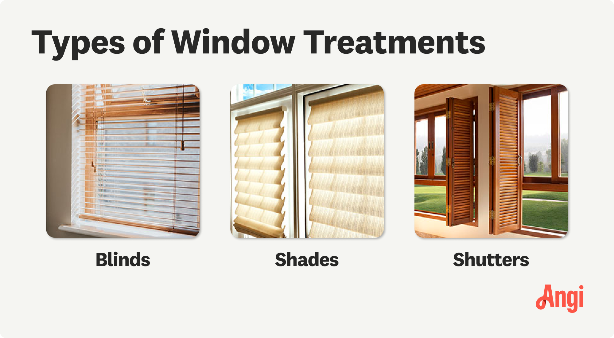 3 window treatment types compared visually, including blinds, shades, and shutters