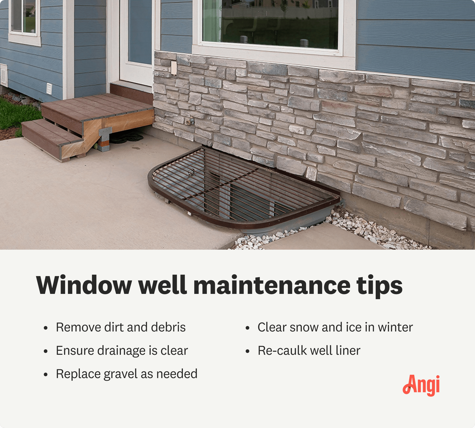 5 window well maintenance tips, including ensuring drainage is clear and removing dirt and debris