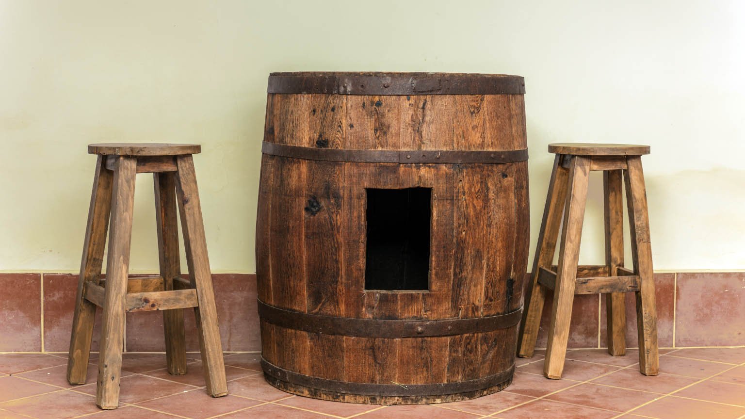 wood barrel bar table