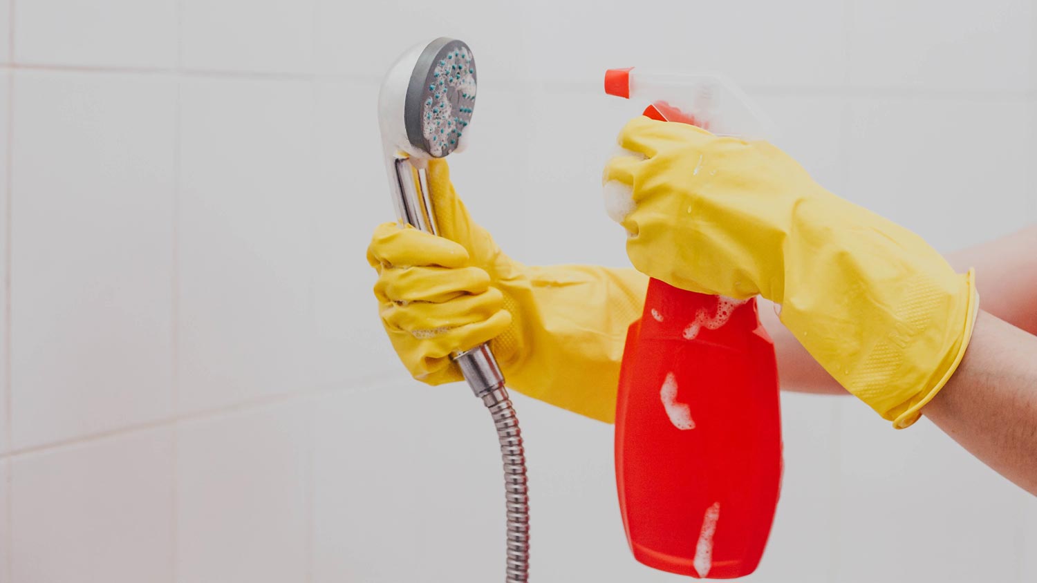 A female hand cleaning a shower head