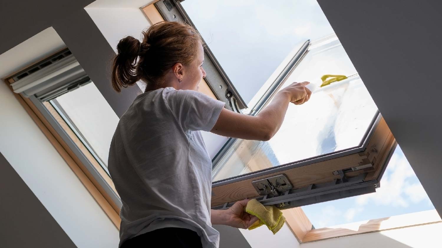 A woman clearing a skylight 
