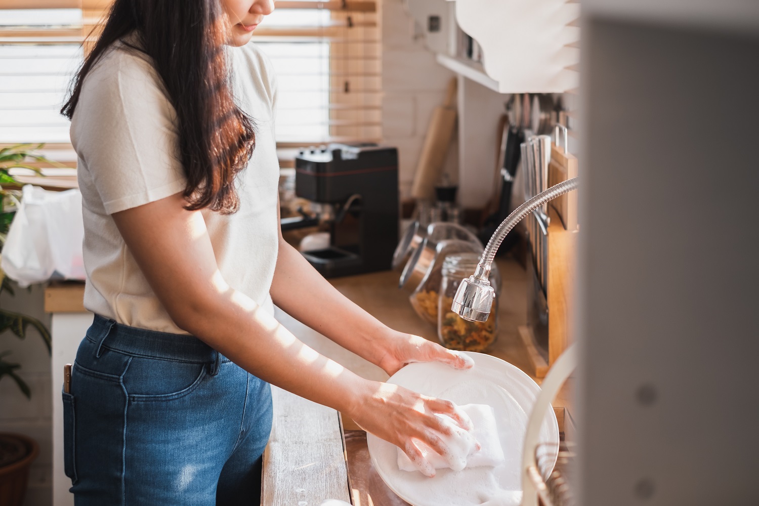 woman scrubbing off dishes