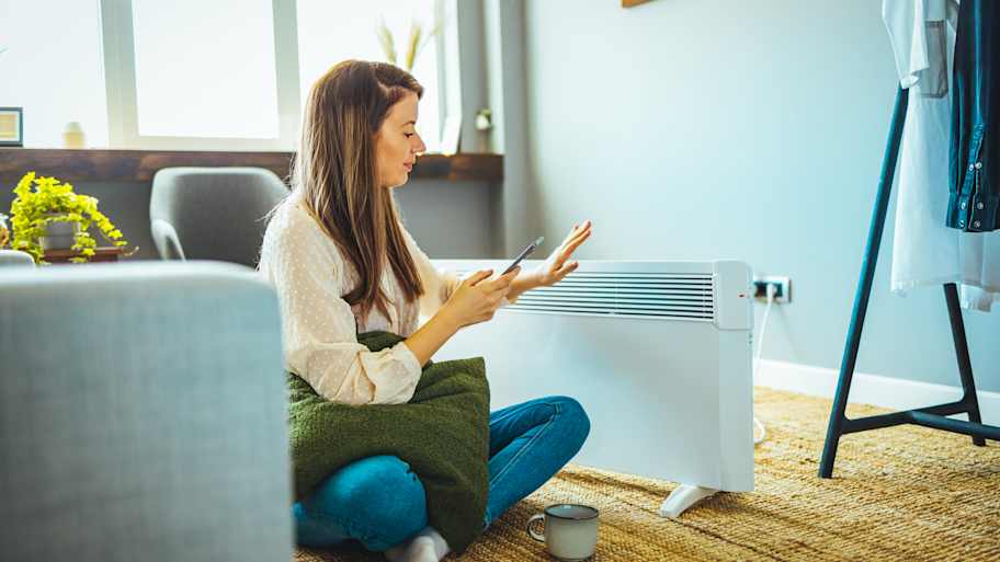 A woman examining a space heater