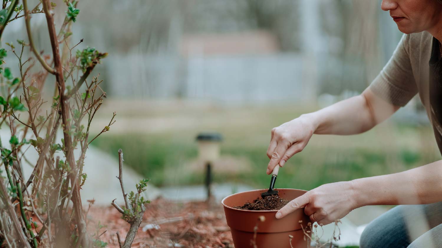 A woman planting flowers in a container