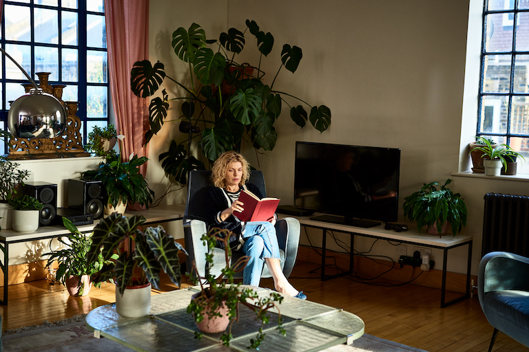 woman sits in chair reading with indoor tree in background