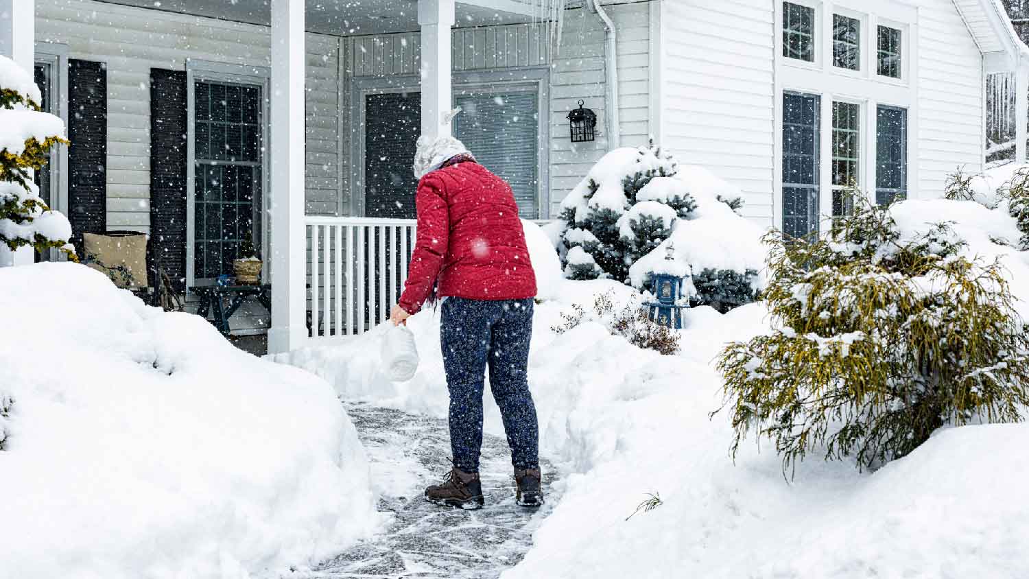 A woman scattering salt on a snowy pathway