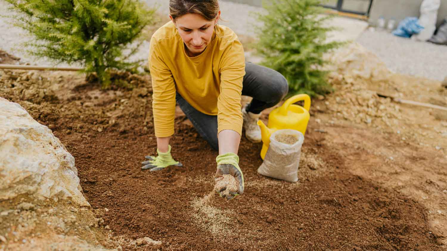 A woman seeding grass in her backyard