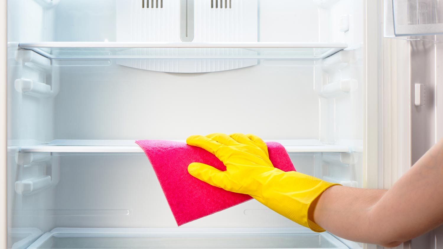 A woman wearing yellow gloves cleaning the refrigerator