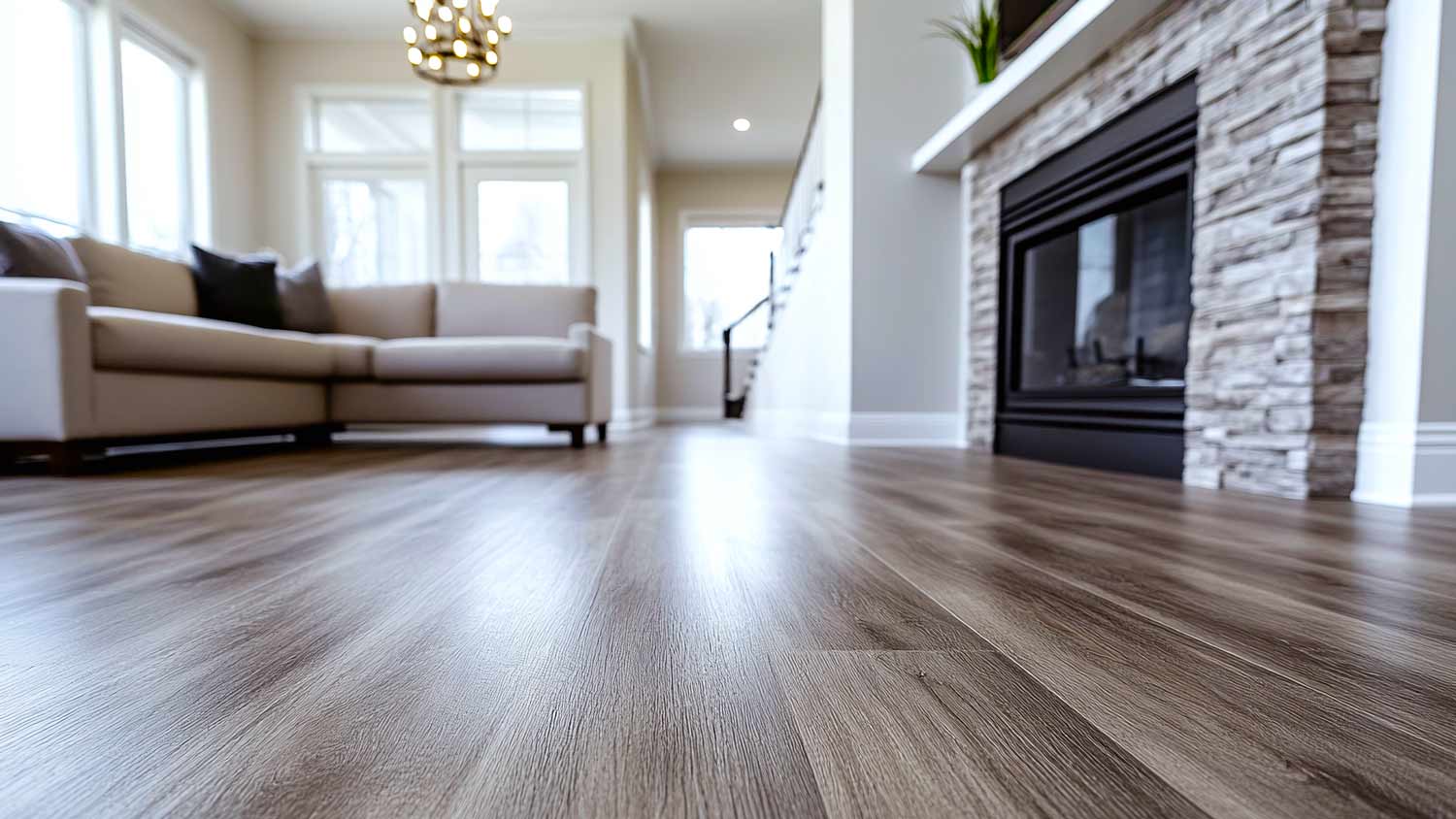 Low angle of a wood floor in a living room