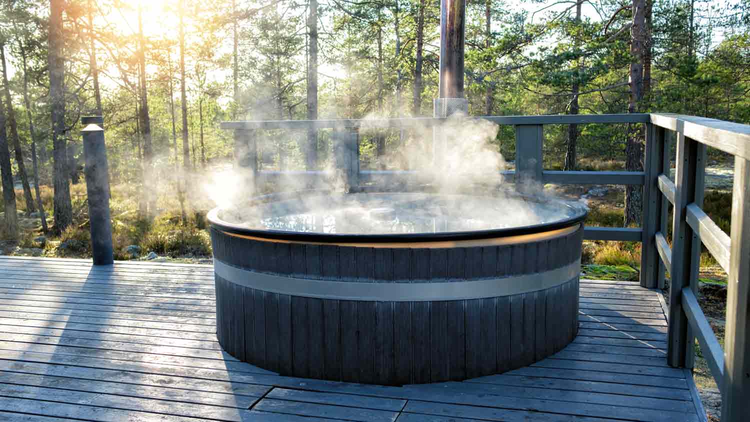 wood hot tub on deck