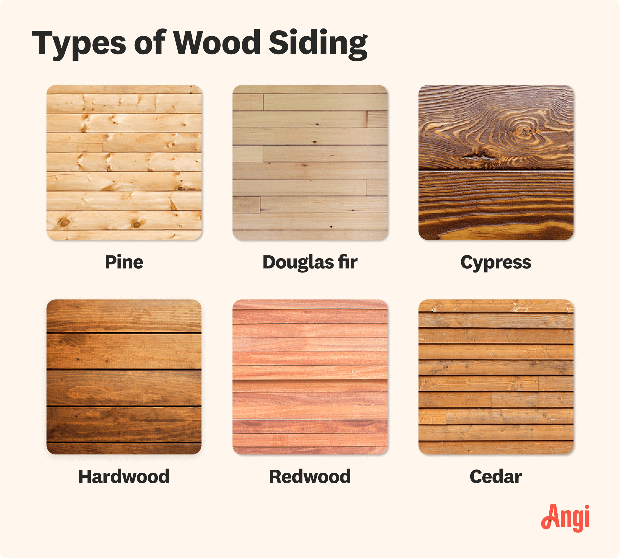 6 wood siding types compared visually, including cypress, redwood, and cedar