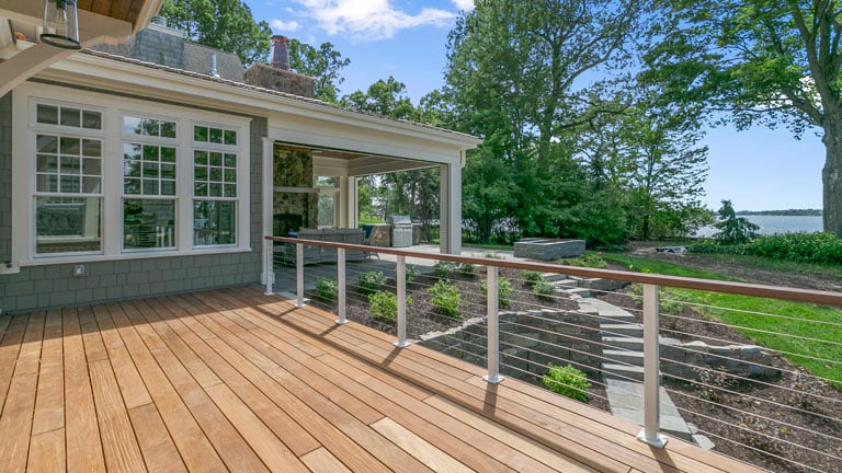 wooden deck lake house backyard